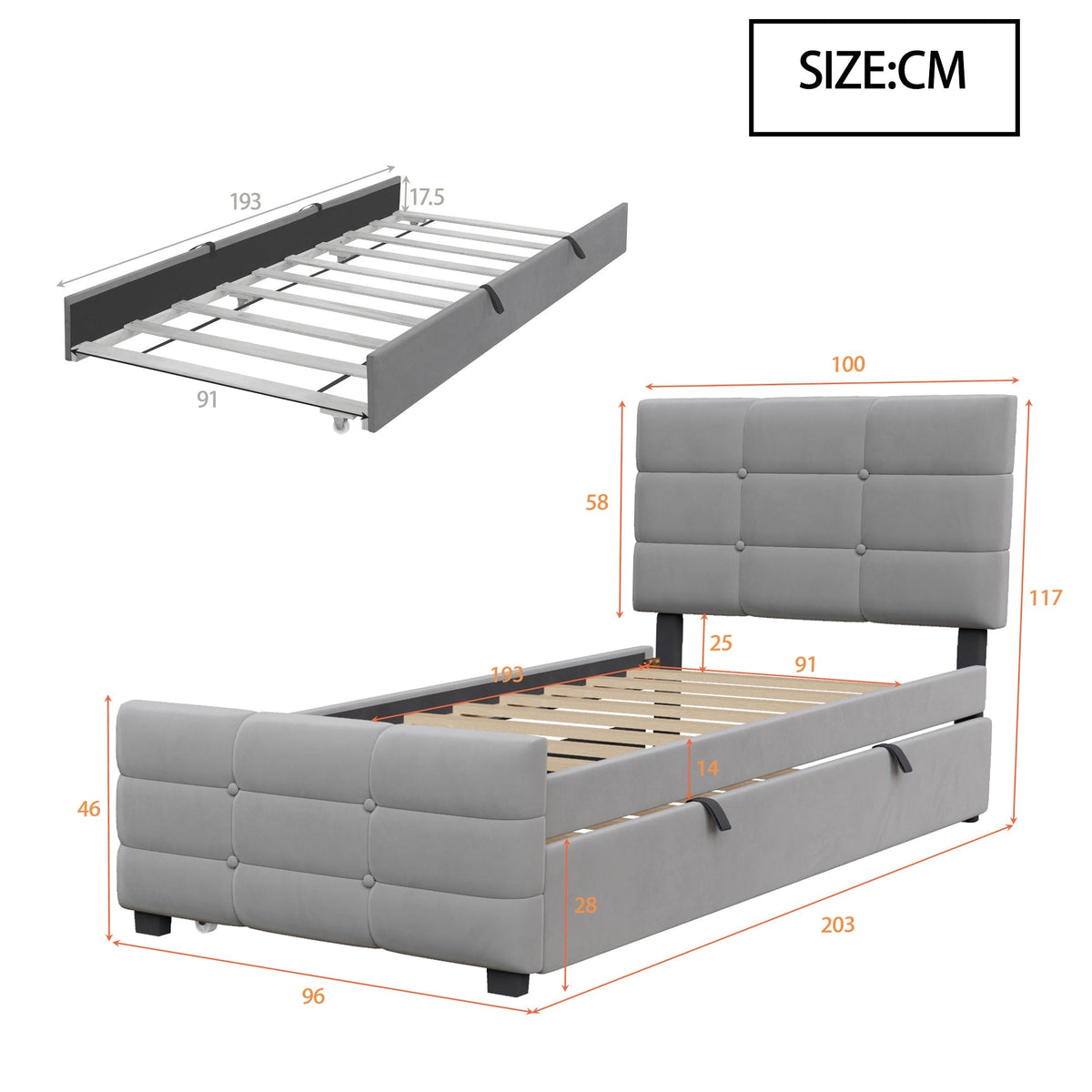 Upholstered Bed with Pull-out Bed, 90x190cm, Grey Velvet Fabric