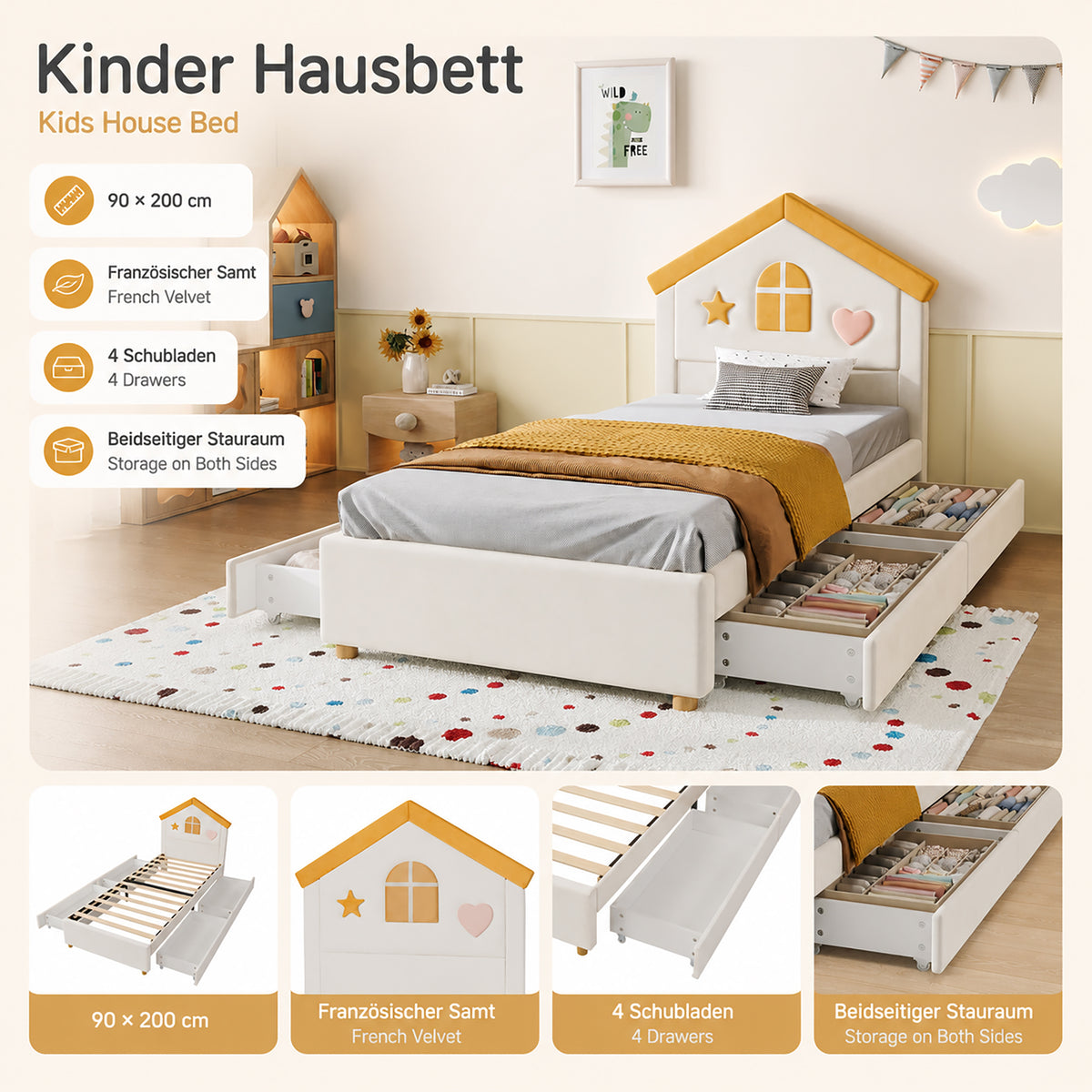 Children's House Bed 90x200 with 4 Drawers, Beige Velvet