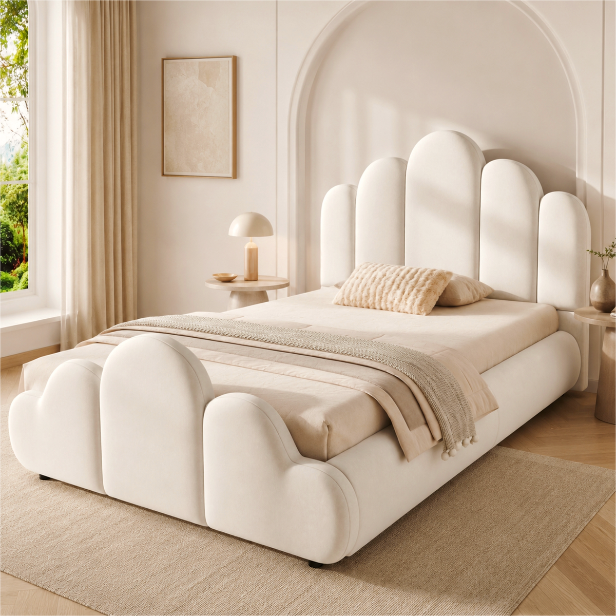 Upholstered Single Children's Bed 90x200cm - Beige Velvet