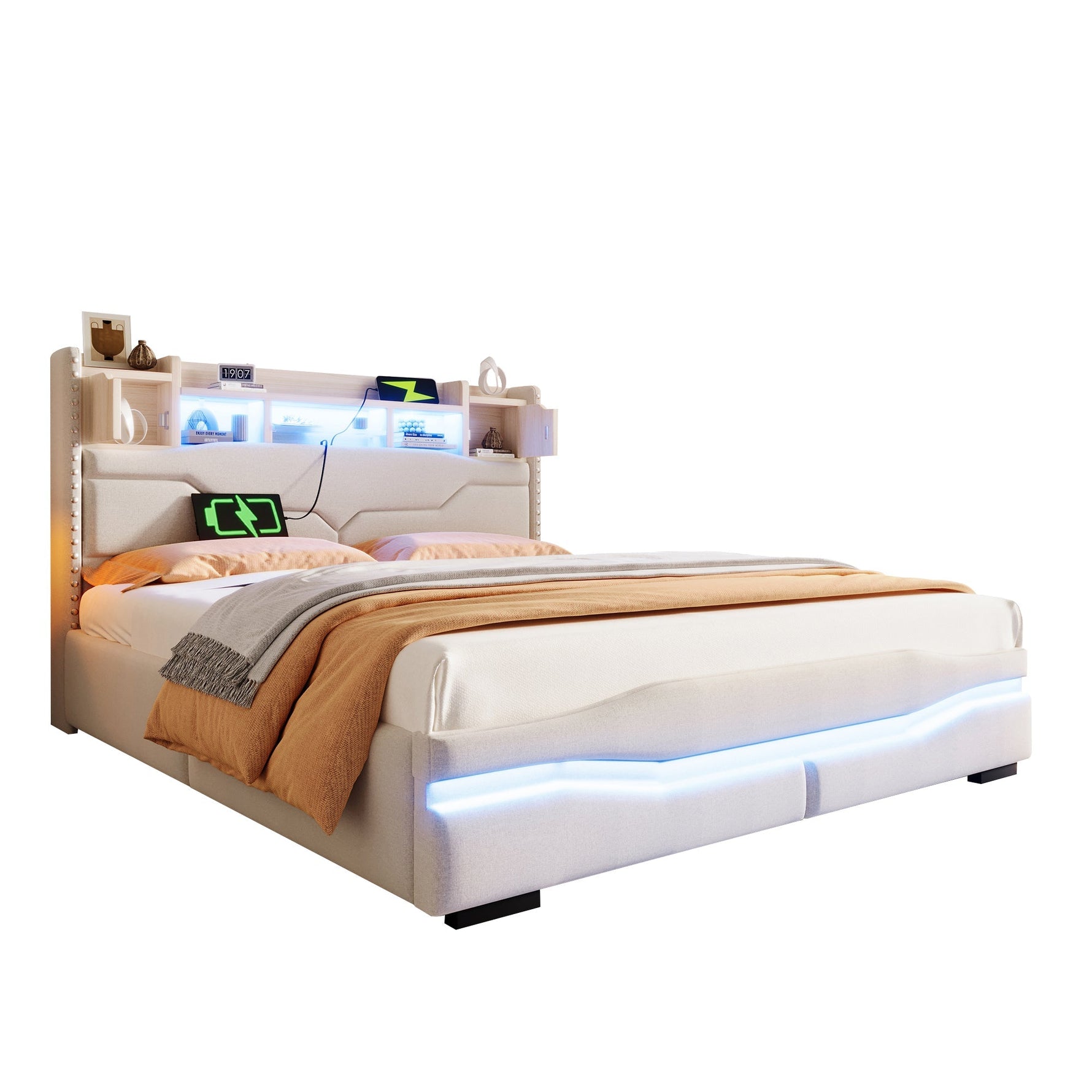 Upholstered Bed 160x200cm Hydraulic Storage Headboard with USB-C & LED Lights Beige