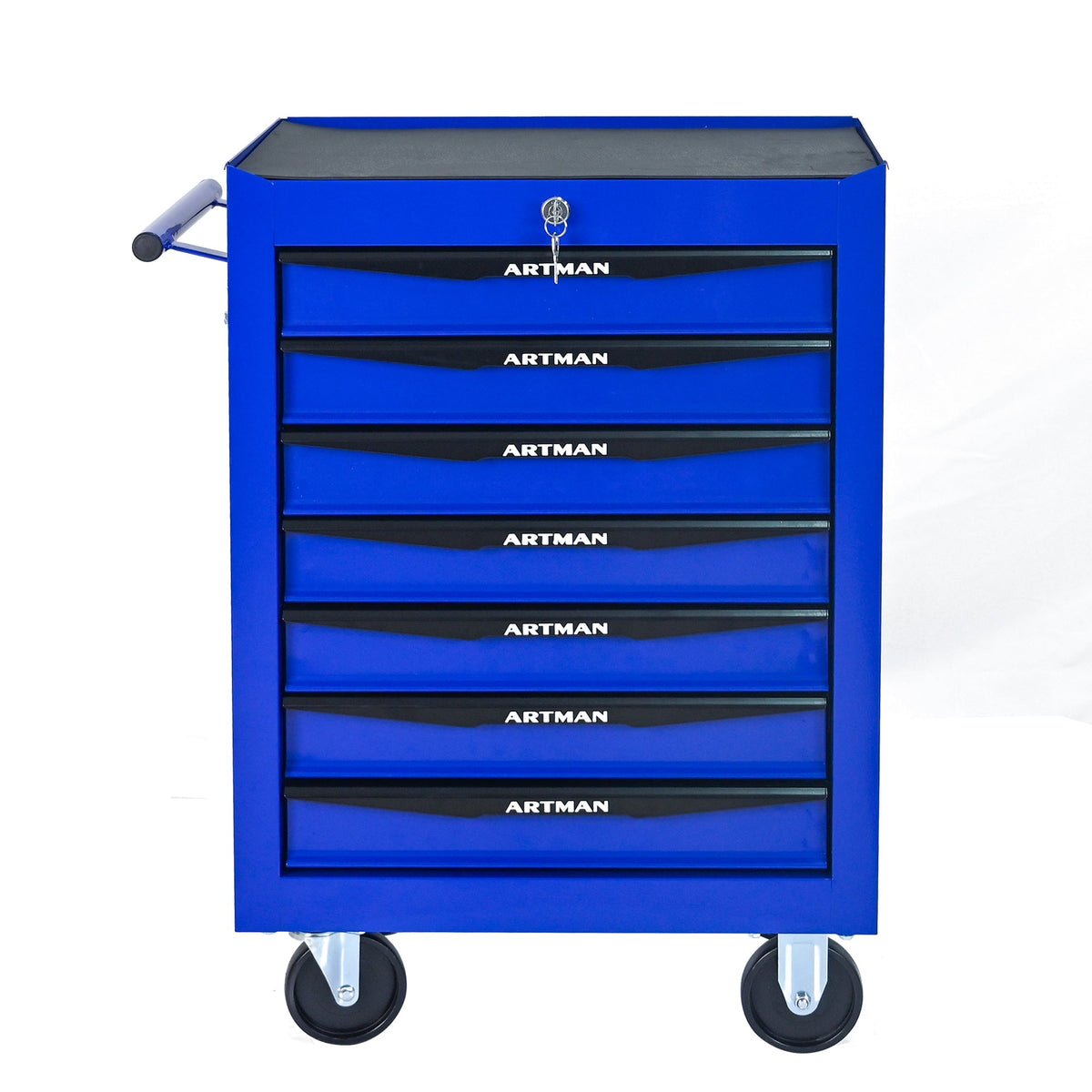 Rolling Tool Cabinet with 7 Drawers, Ball Bearing Slides, Steel Black & Blue