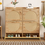 Elegant Shoe Cabinet 4 Doors Metal Frame Top Shelf Wooden Rattan