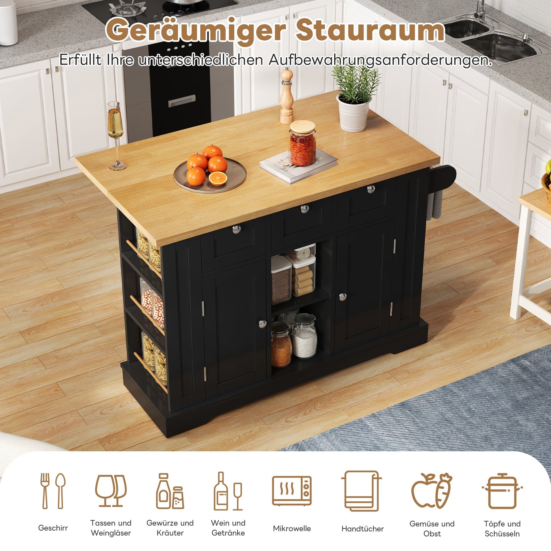 Mobile Kitchen Cart 132cm Folding Worktop Multifunctional Storage Cabinet Integrated Socket Country Style