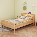 Wooden Single Bed 90x200cm with USB, LED & Storage, Wood Color