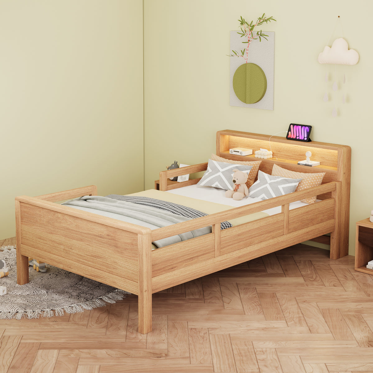 Wooden Single Bed 90x200cm with USB, LED & Storage, Wood Color