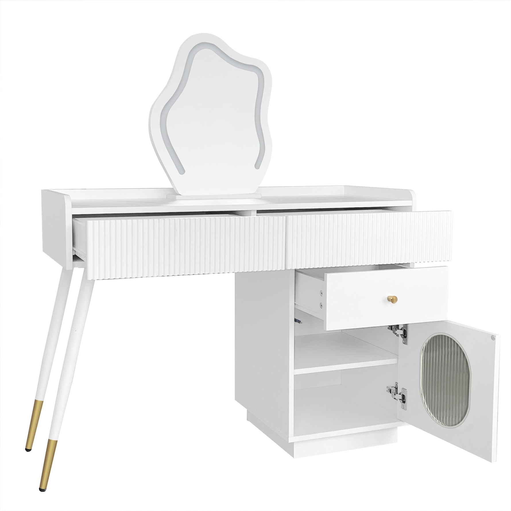 Dressing table with LED mirror and lighting, 3 drawers 1 door, white