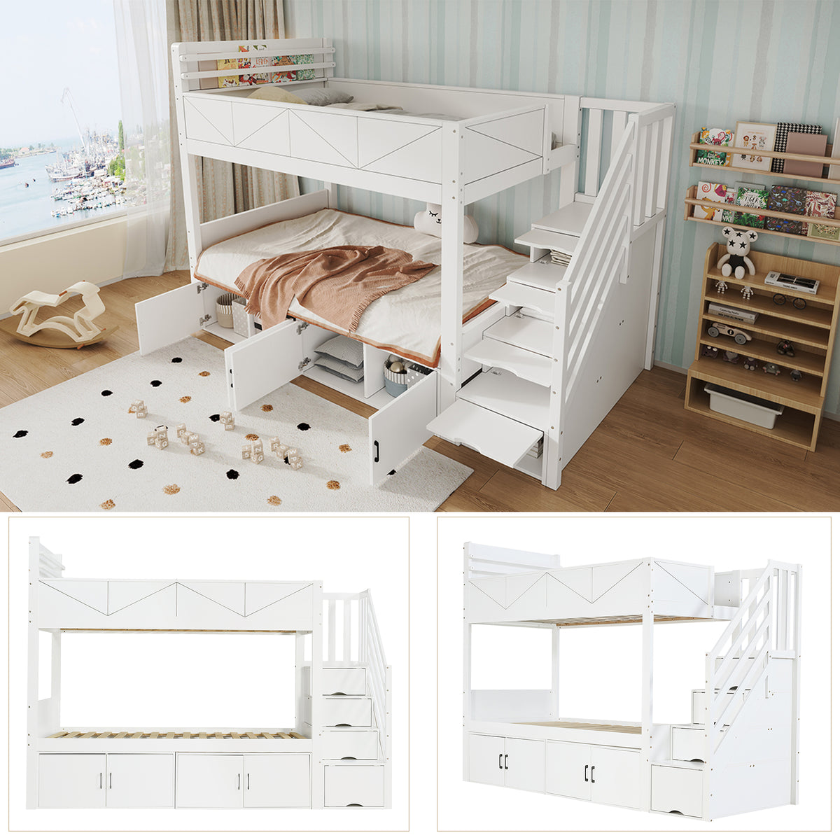 Bunk Bed 90x200 cm with Storage Stairs & Bookshelf, White