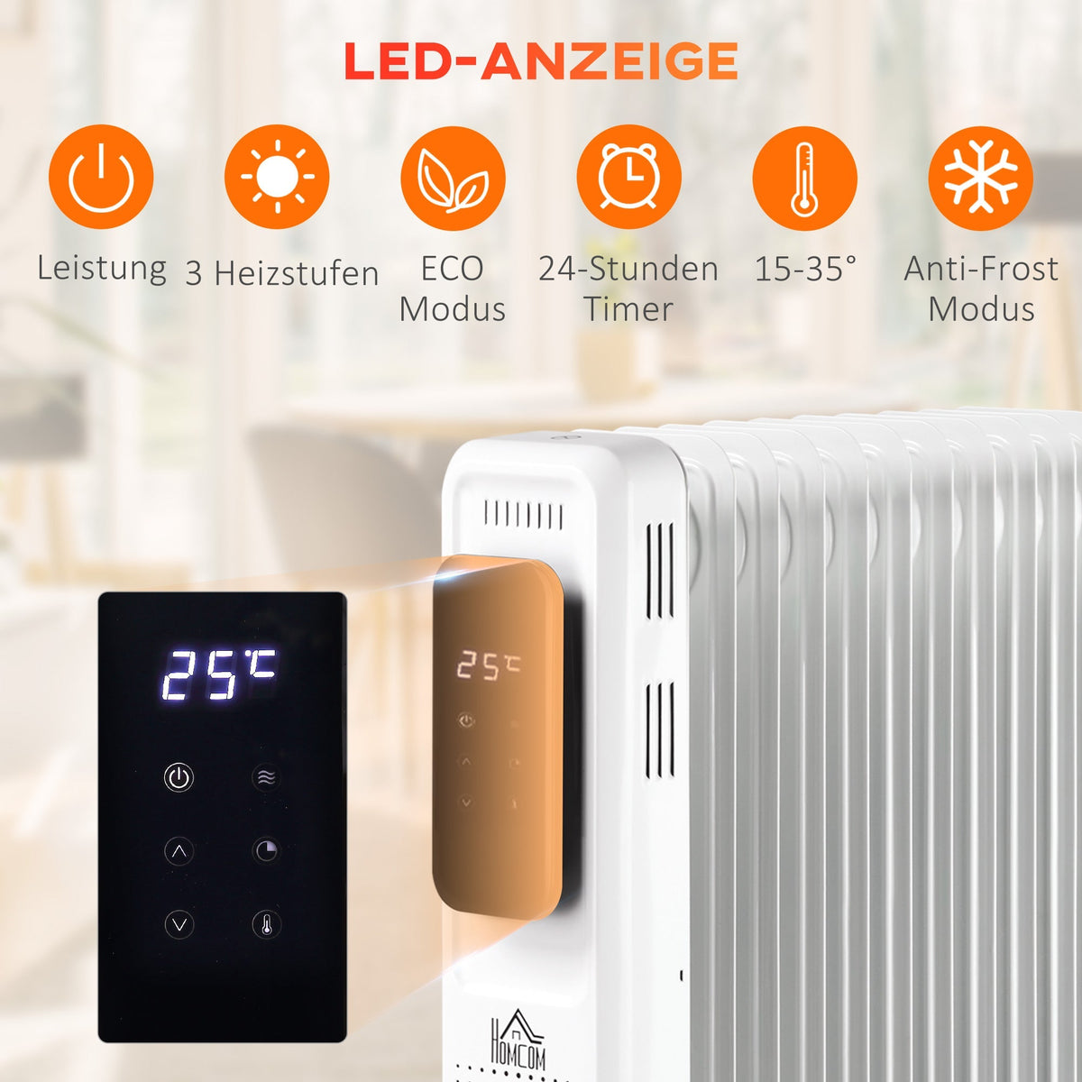 Oil Radiator Electric Heater, Portable, 3 Heat Settings, 24-Hour Timer, White Steel