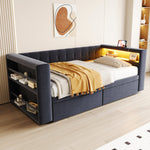 Upholstered Bed 90×190 cm LED Power Outlet Storage Drawers, Dark Grey