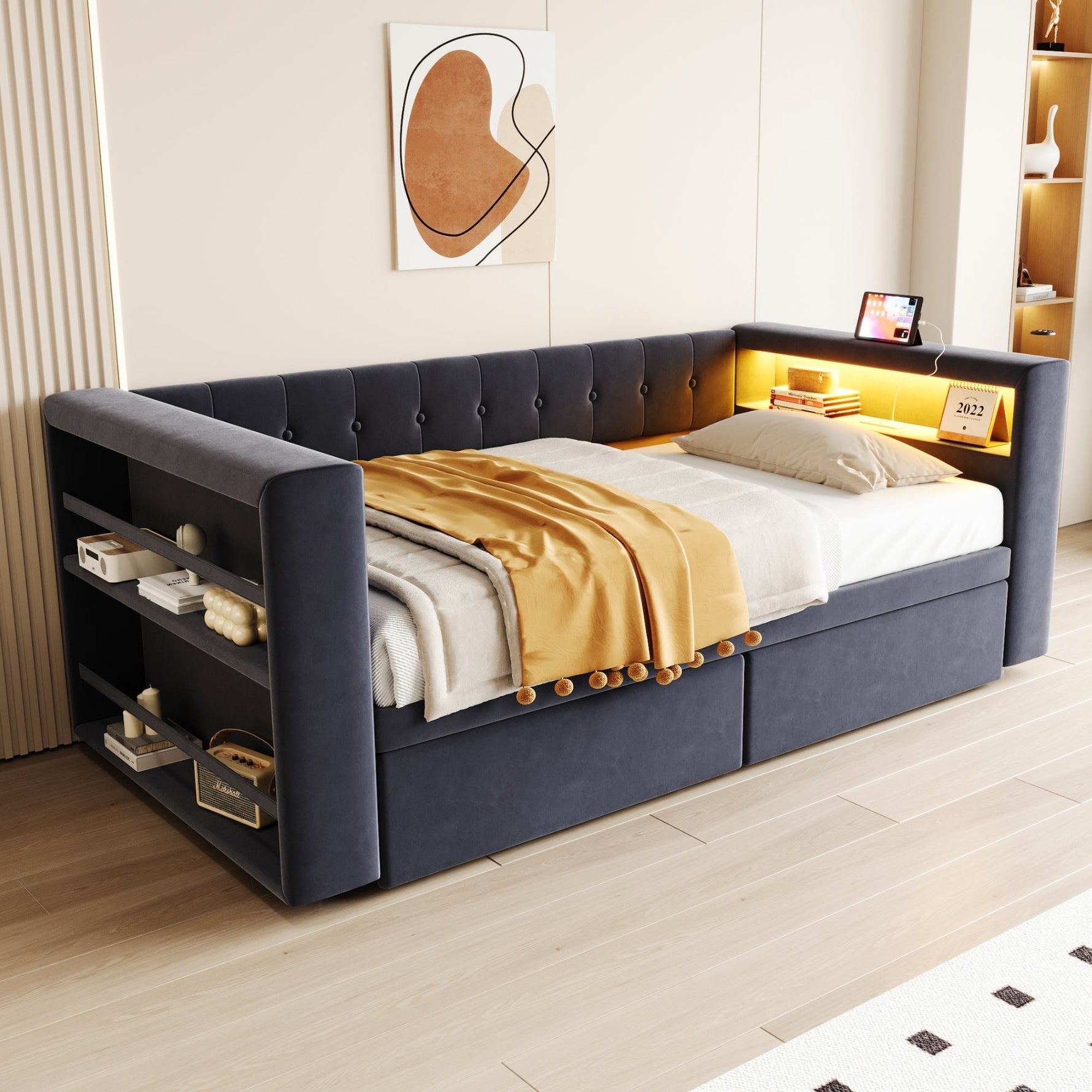 Upholstered Bed 90×190 cm LED Power Outlet Storage Drawers, Dark Grey