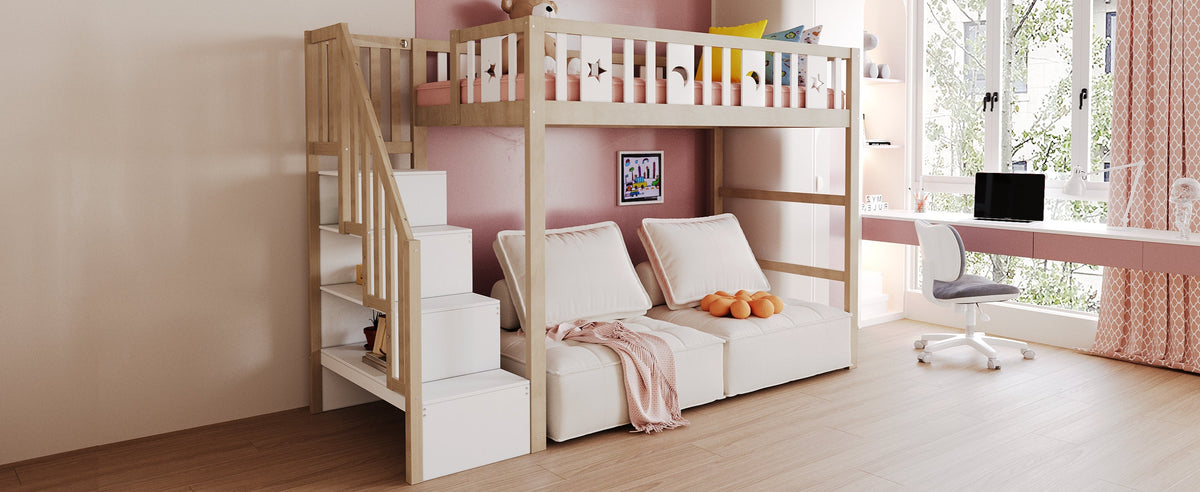 Children's Loft Bed 90*200, Storage Climbing Ladder & Safety Rails, Solid Wood