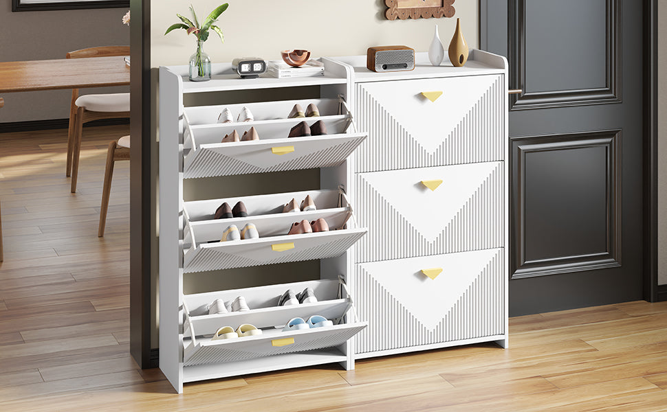 Shoe Cabinet with 6 Drop-Down Doors and Adjustable Width, White MDF
