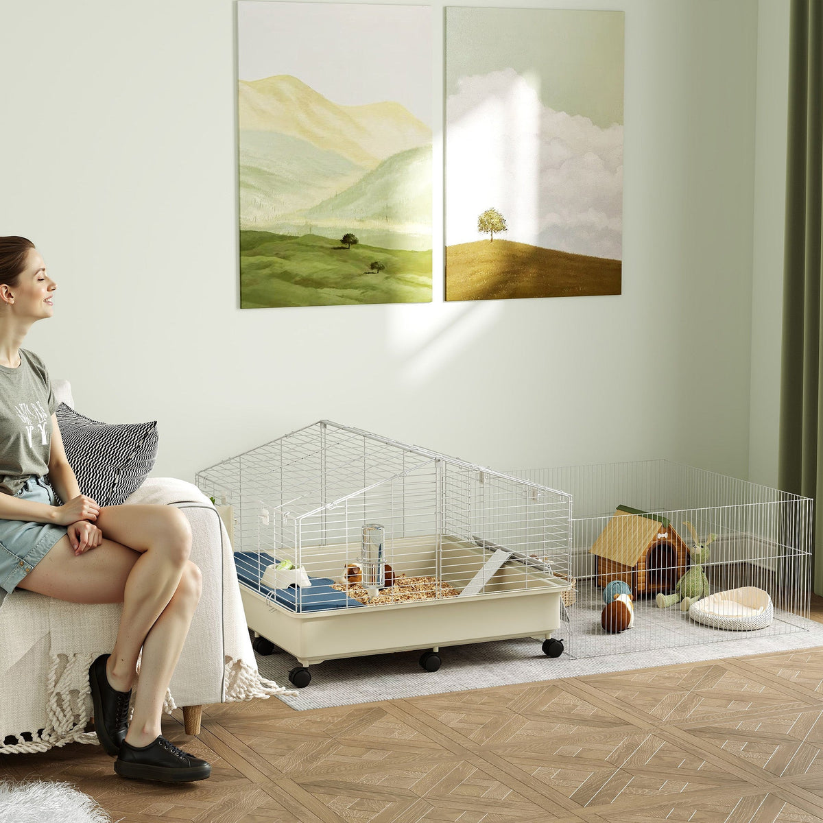 Small Animal Cage with Playpen, Rabbit Hutch and Wheels, White