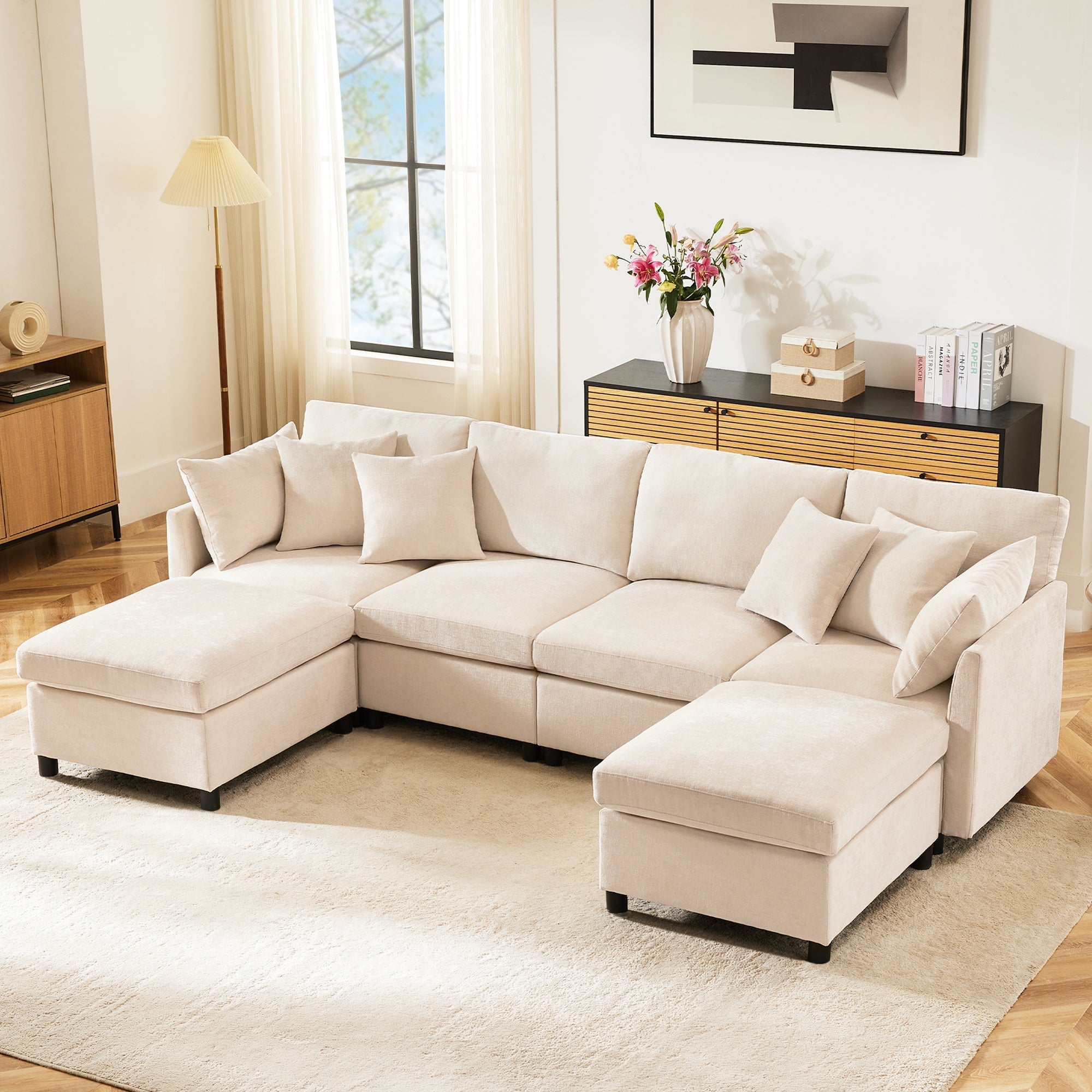 Modern Chenille Sofa Modular Detachable Footstool L-Shaped U-Shaped, Chenille