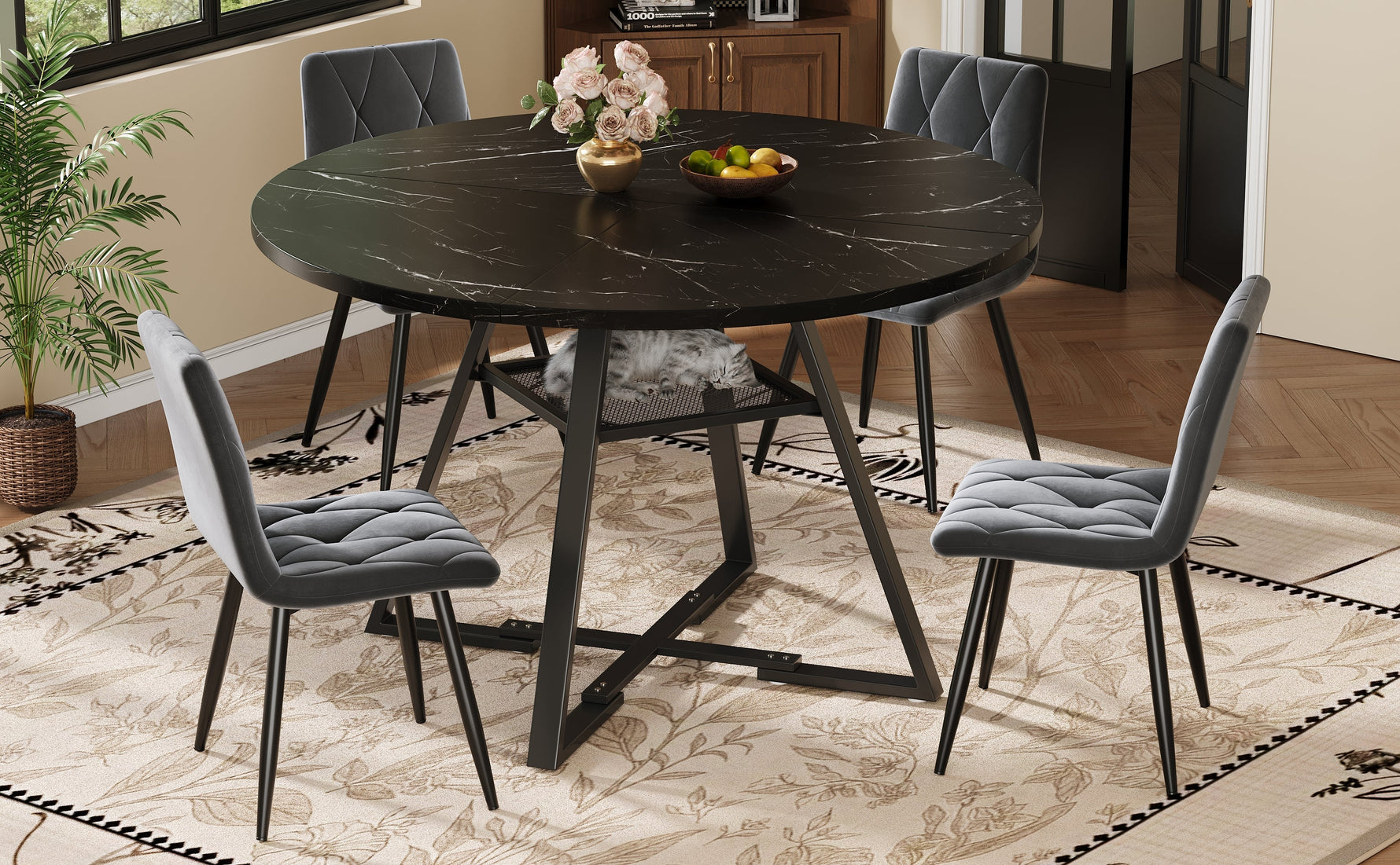 Round Dining Table Metal Legs Marble Look - Black/White