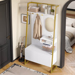 Wardrobe, Compact Multifunctional Storage with Mirror, Hooks & Shoe Bench