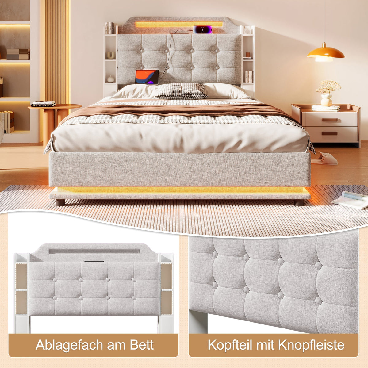 Upholstered Bed 140x200cm Hydraulic Storage LED USB/Type-C Linen Beige