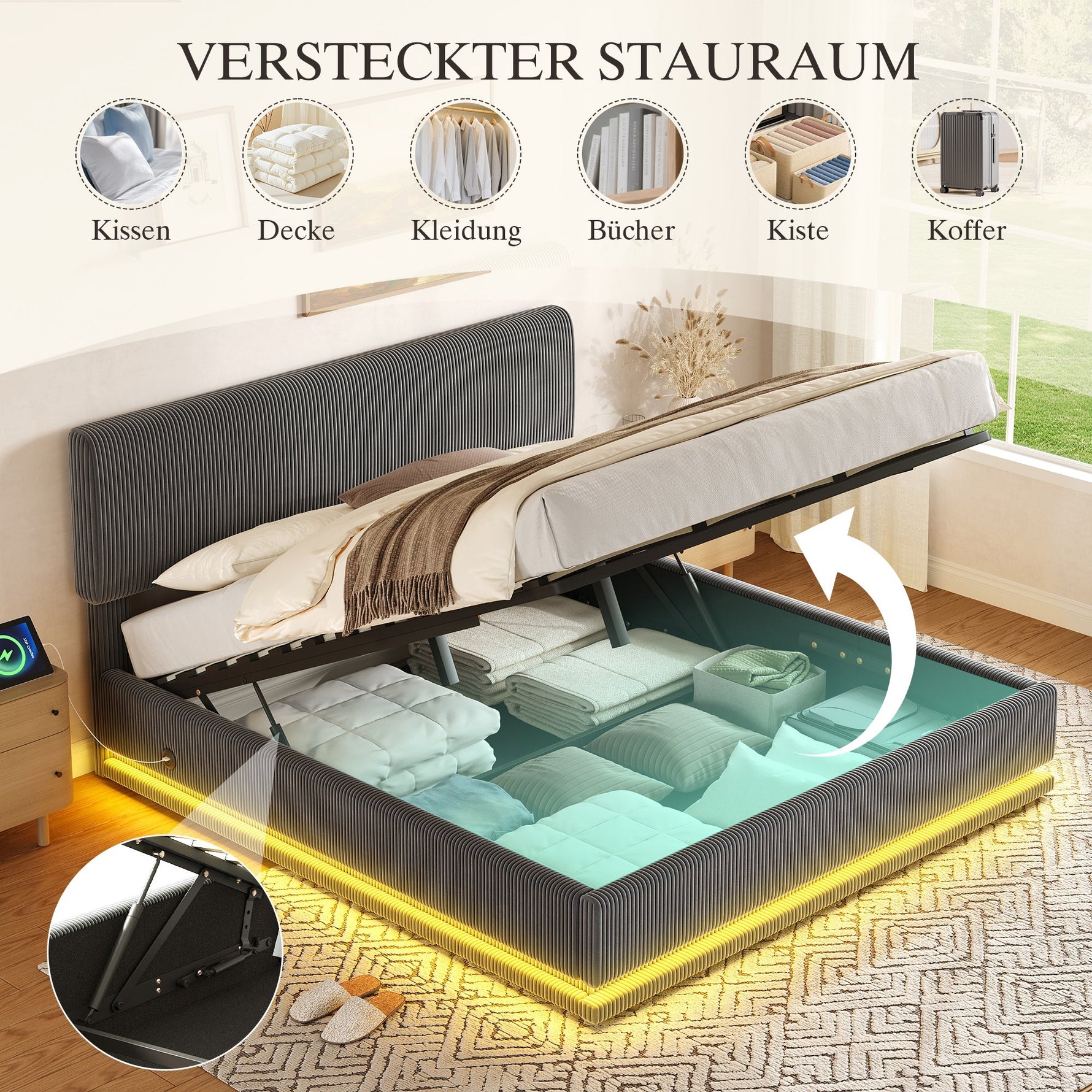 Modern Upholstered Bed with LED Lighting, USB-C and Storage, 160x200 Gray Corduroy