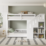 Bunk Bed 90x200cm with Stairs Lockers & Railing - White