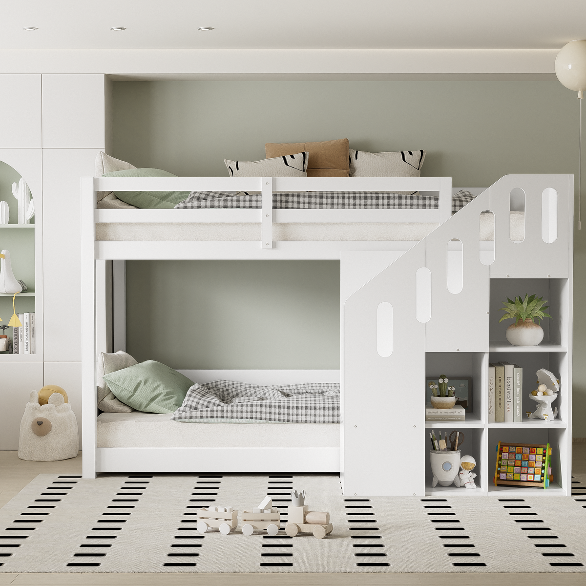 Bunk Bed 90x200cm with Stairs Lockers & Railing - White