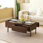 Modern Coffee Table with Drawers, Glass Top & Storage, Dark Brown Wood & Marble-Effect