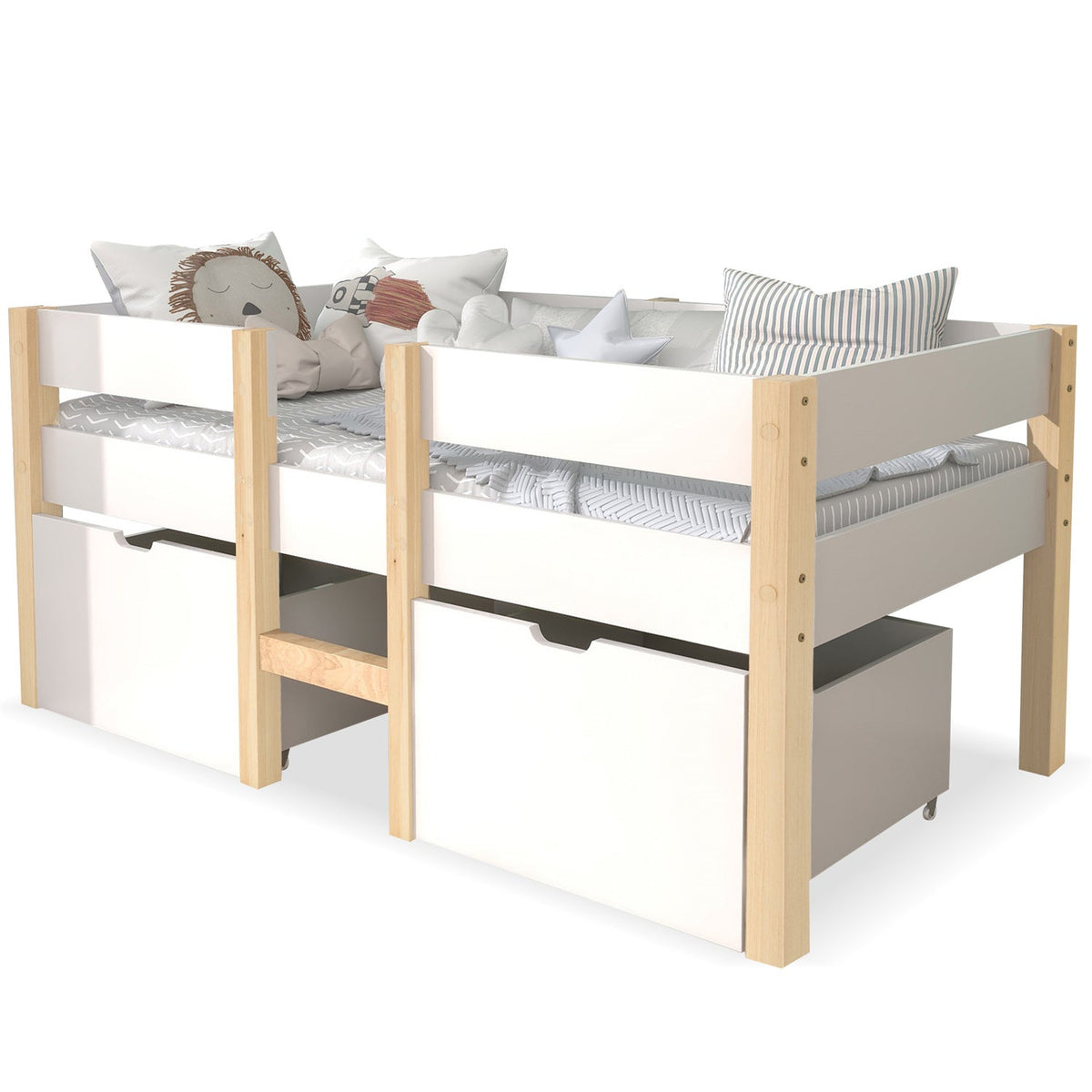 Children's Bed with Drawer and Fall Protection, 90x200 cm, Solid Pine Wood White & Oak