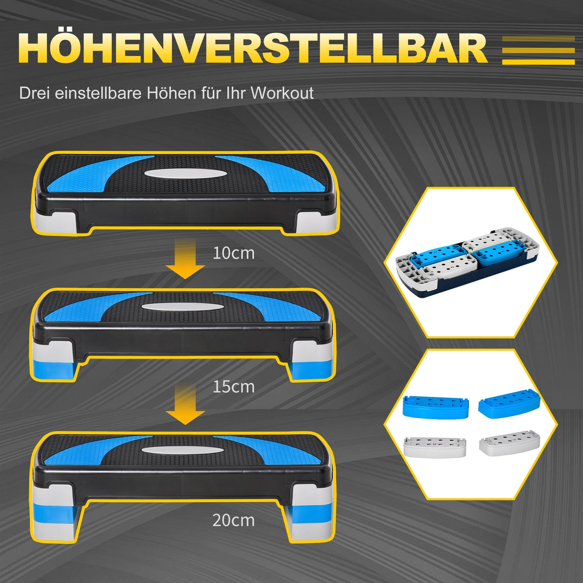 Step board aerobic stepper 3-level adjustable, fitness exercise, 150 kg, light blue
