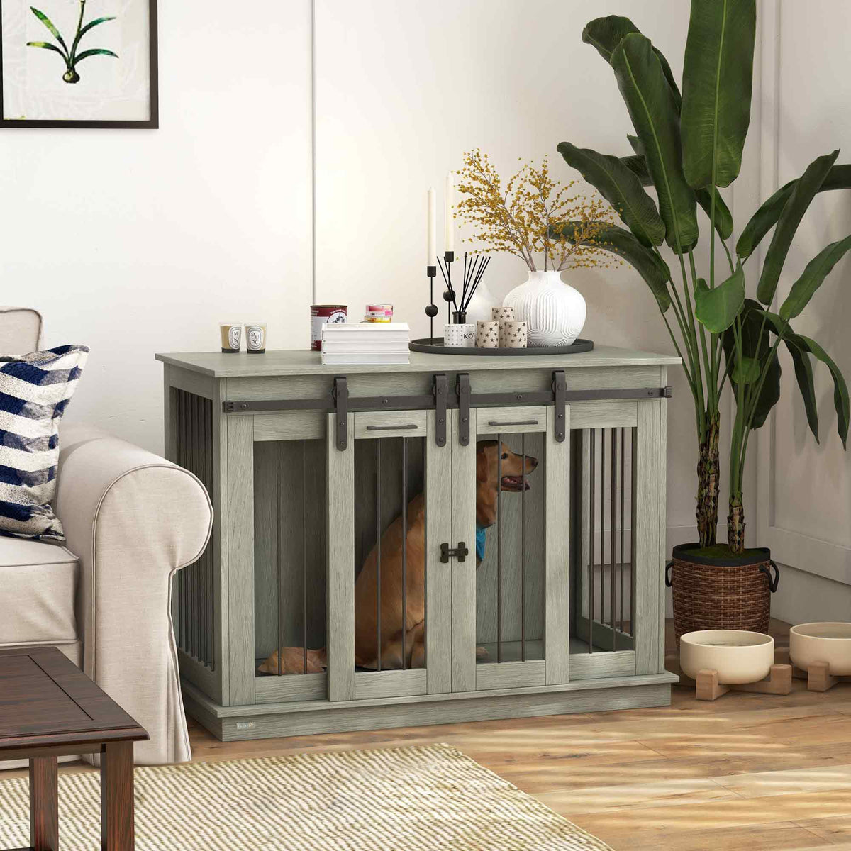 Dog Cage, Two Room Option, Double Doors, Grey