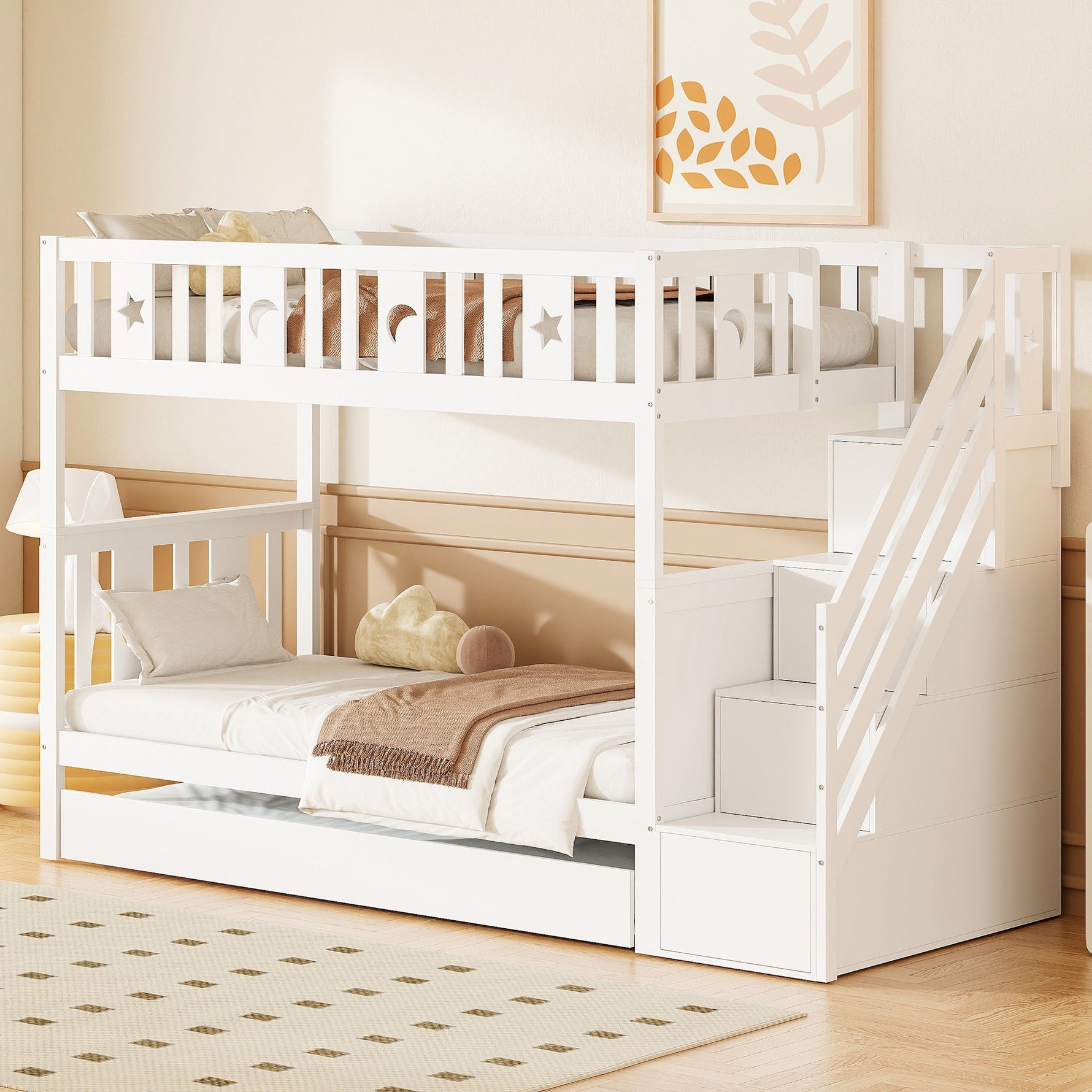 Bunk Bed for Kids with Pull-Out Bed and Storage Stairs, White
