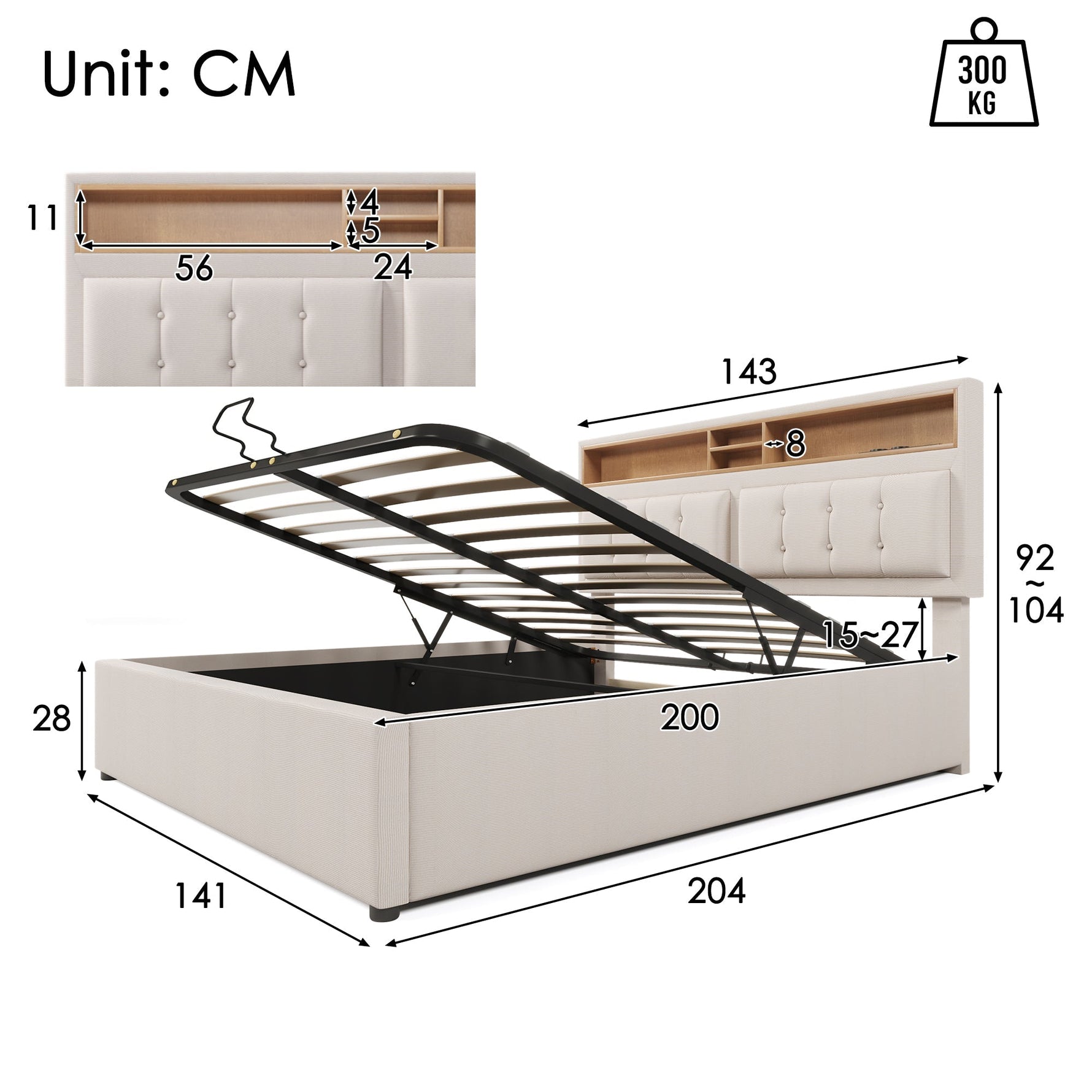Upholstered Double Bed 140x200 USB-C Charging Storage Linen Material