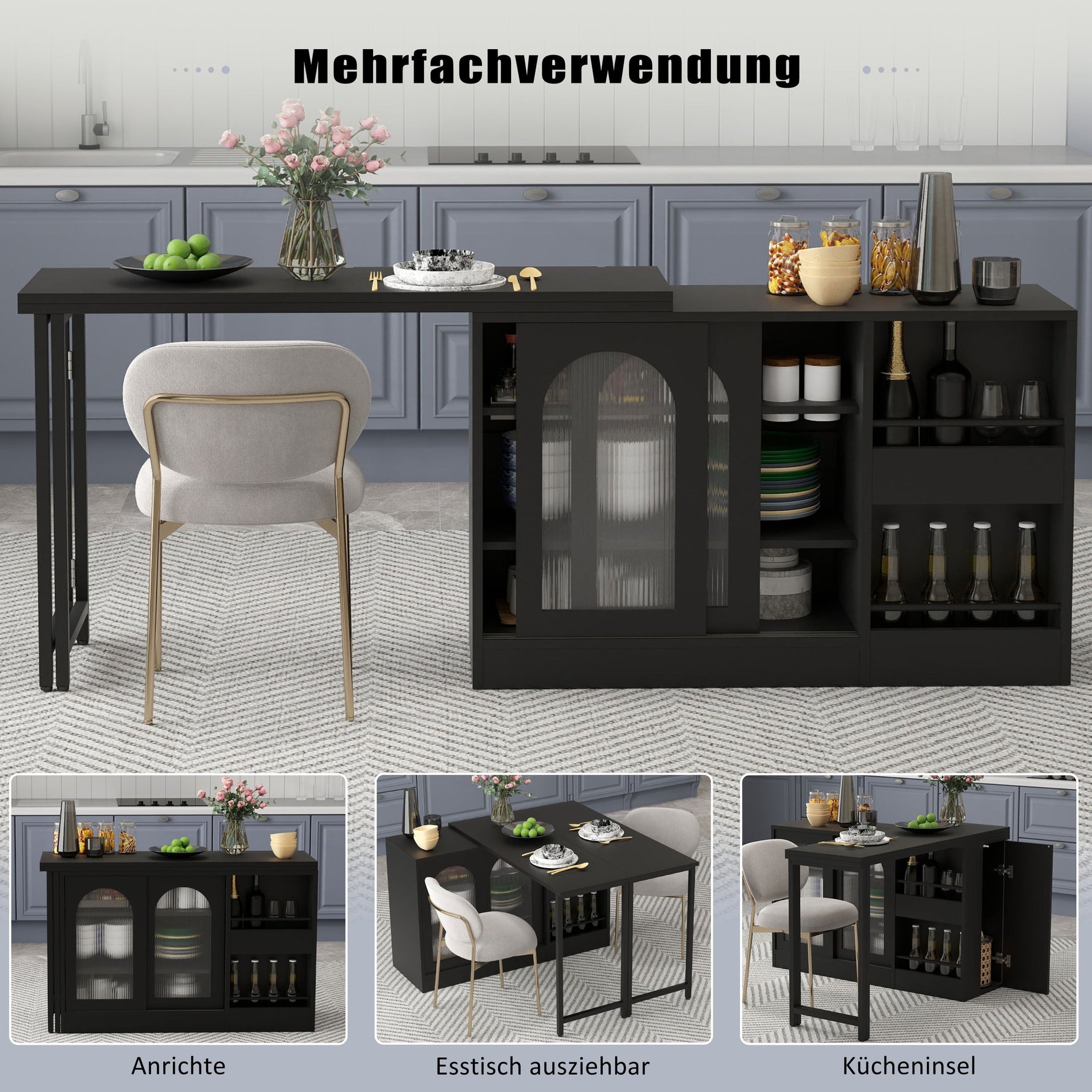 Bar Table, Extendable 360° Rotating with Storage & Glass Cabinet, Black