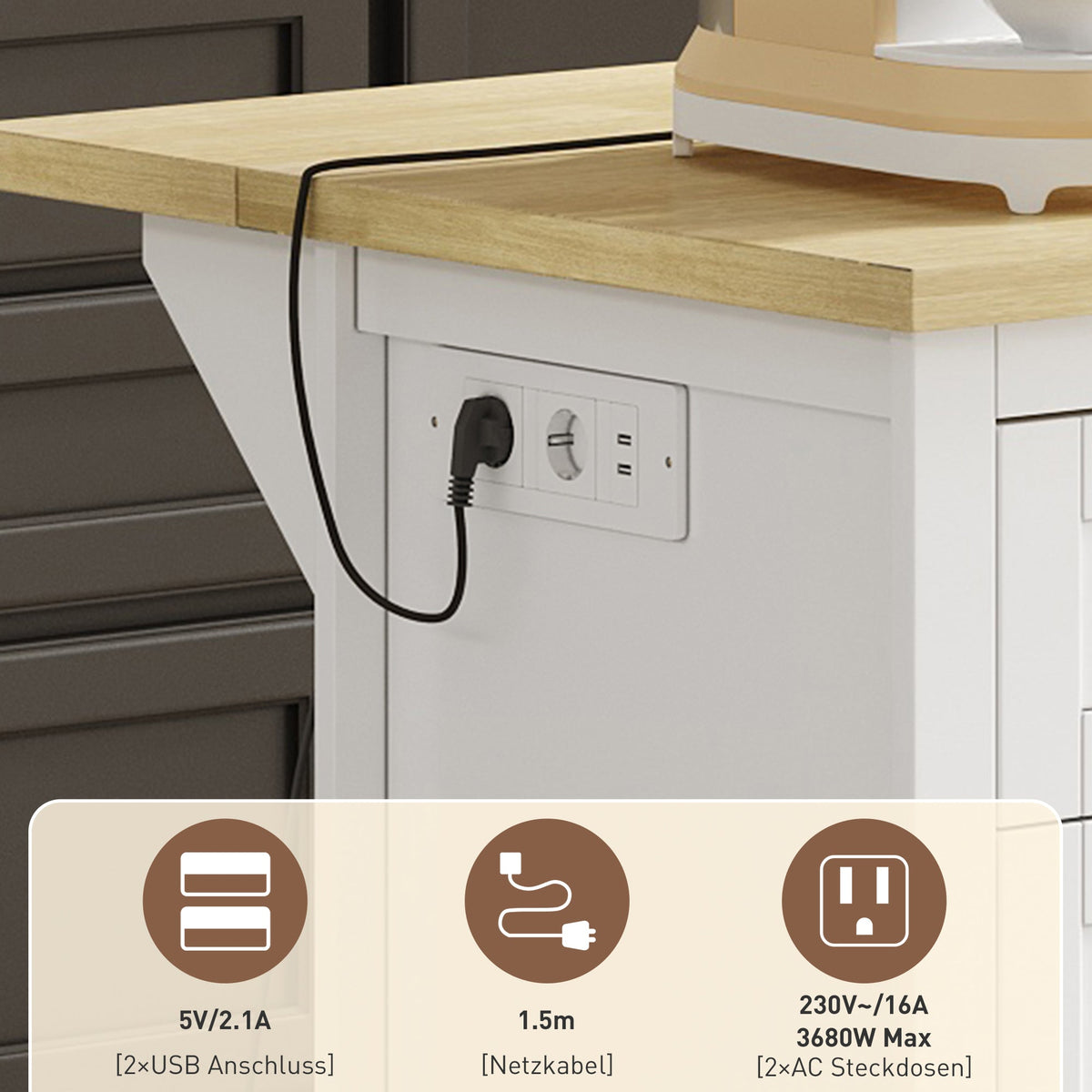 Sideboard/Kitchen Island/Bar Cabinet 5 Drawers 2 Shelves Extension Panel Sockets, White