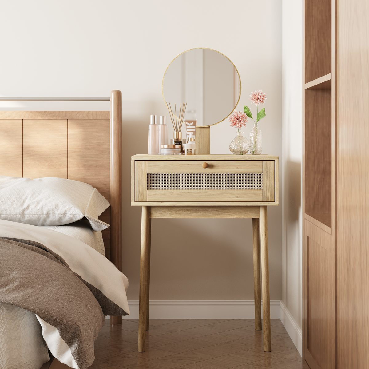 Compact Dressing Table with Mirror for Small Rooms, Rattan
