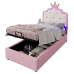 Upholstered Bed 90x200cm Princess Hydraulic Storage Ambient LED Lighting Pink PU