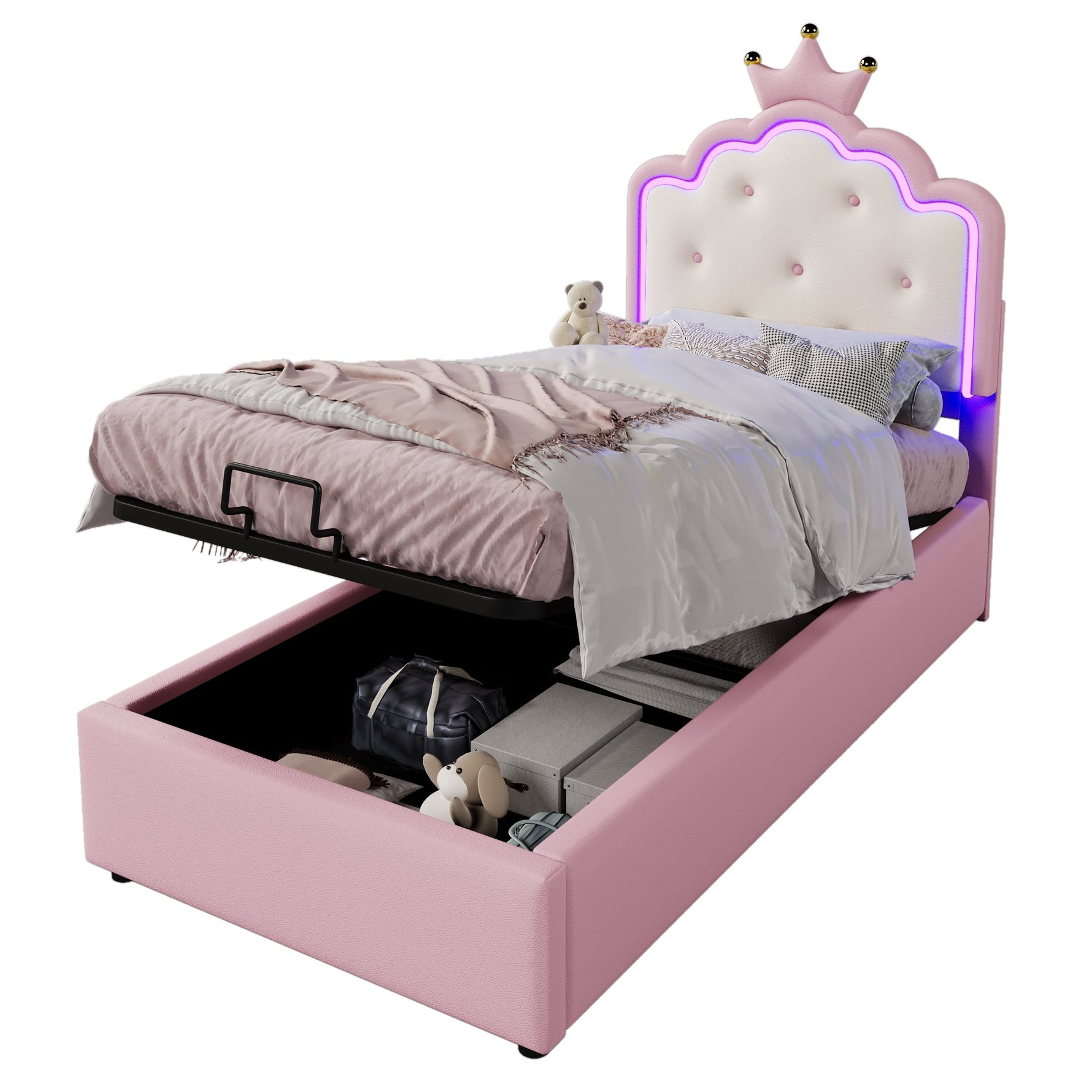 Upholstered Bed 90x200cm Princess Hydraulic Storage Ambient LED Lighting Pink PU