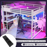 Loft Bed 140x200cm LED Desk USB/Power 3 Drawers Stairs - White