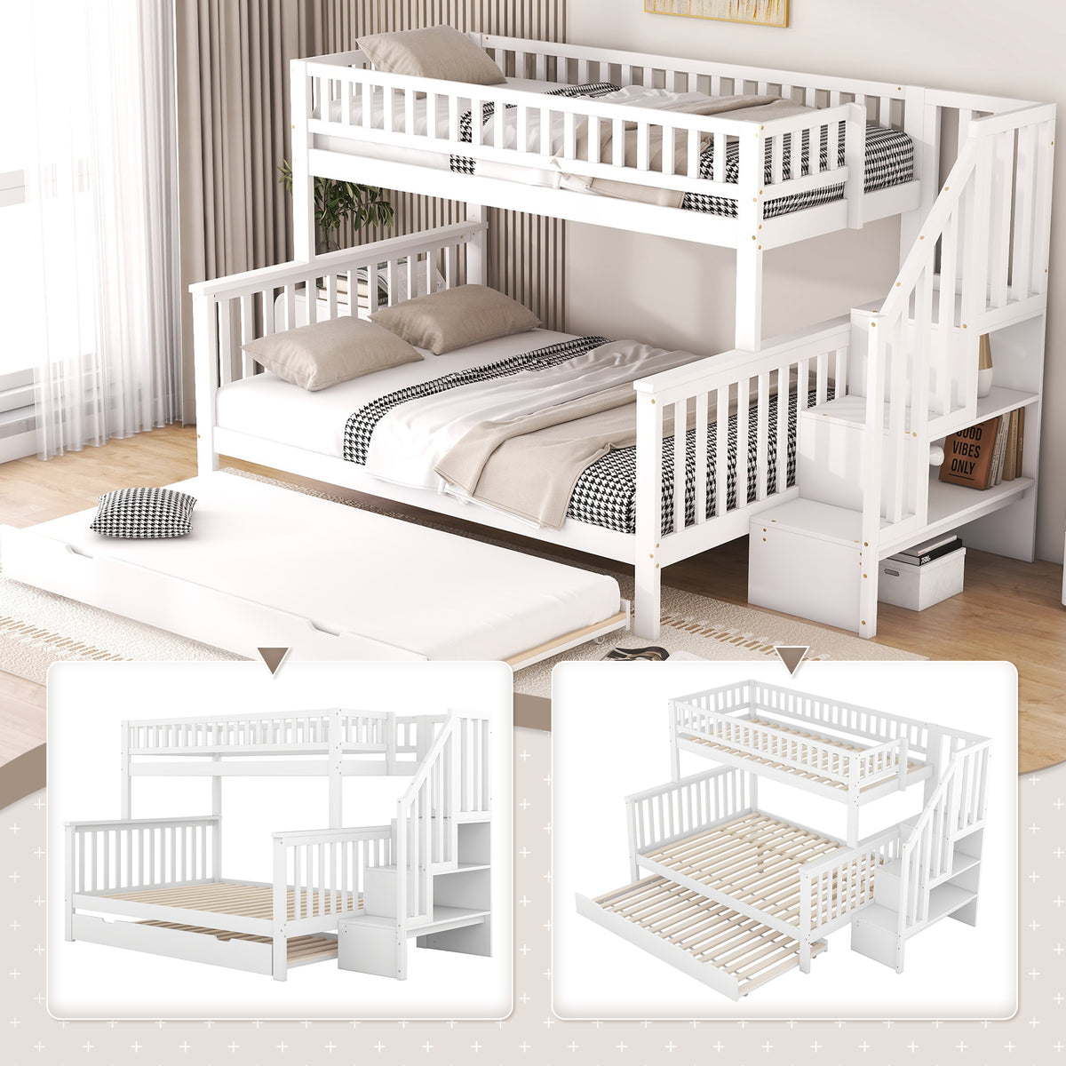 Bunk Bed 90x200/140x200cm with Stairs & Storage, Pine White