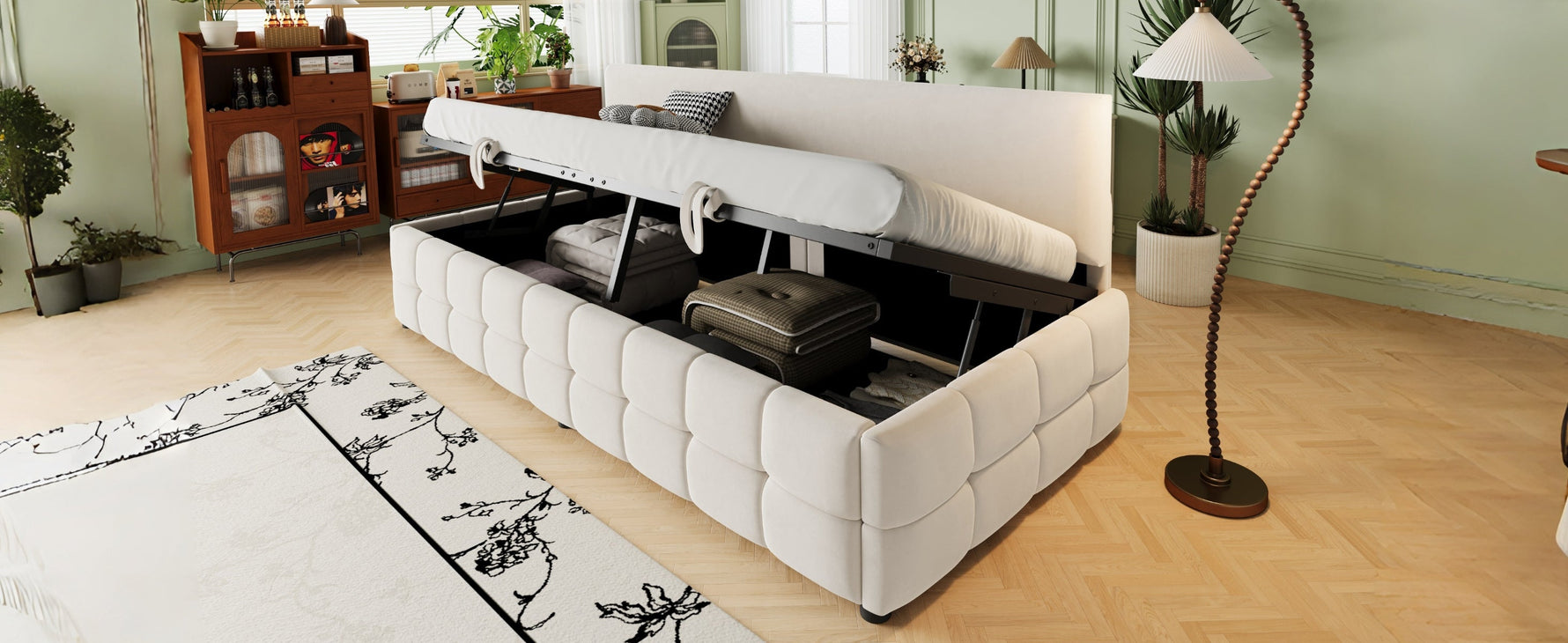 Upholstered Single Sofa Bed 90x200cm Hydraulic Storage Check Pattern - Beige Velvet
