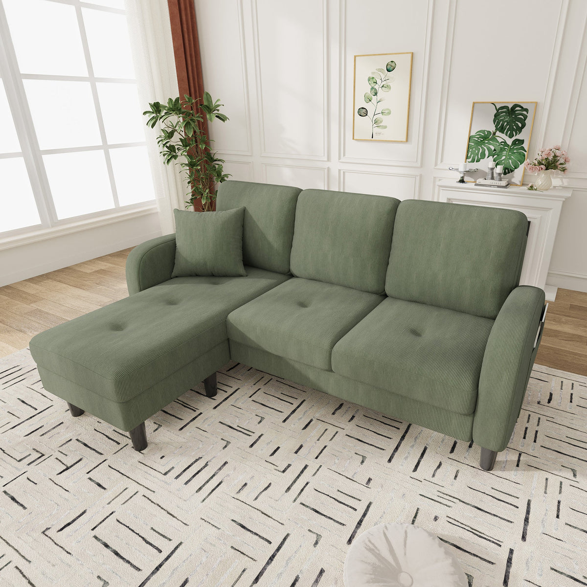 L-shaped Corner Sofa with Chaise Longue, 3-Seater Modular Design, Corduroy Fabric