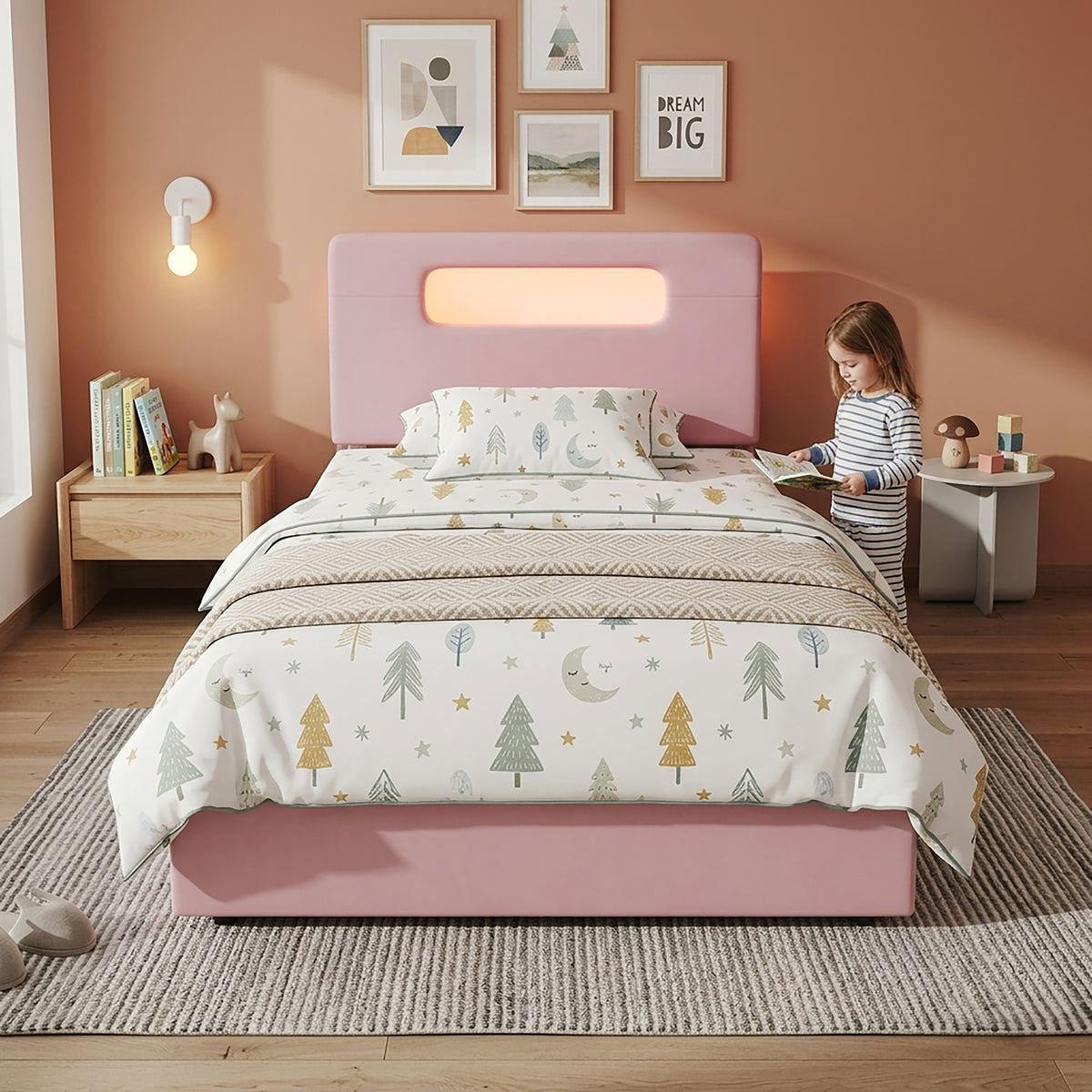 Children's Upholstered Bed 90x200cm with 4 Drawers & LED, Pink