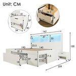 Double Bed 140x190cm with Storage, LED & USB, White Wood
