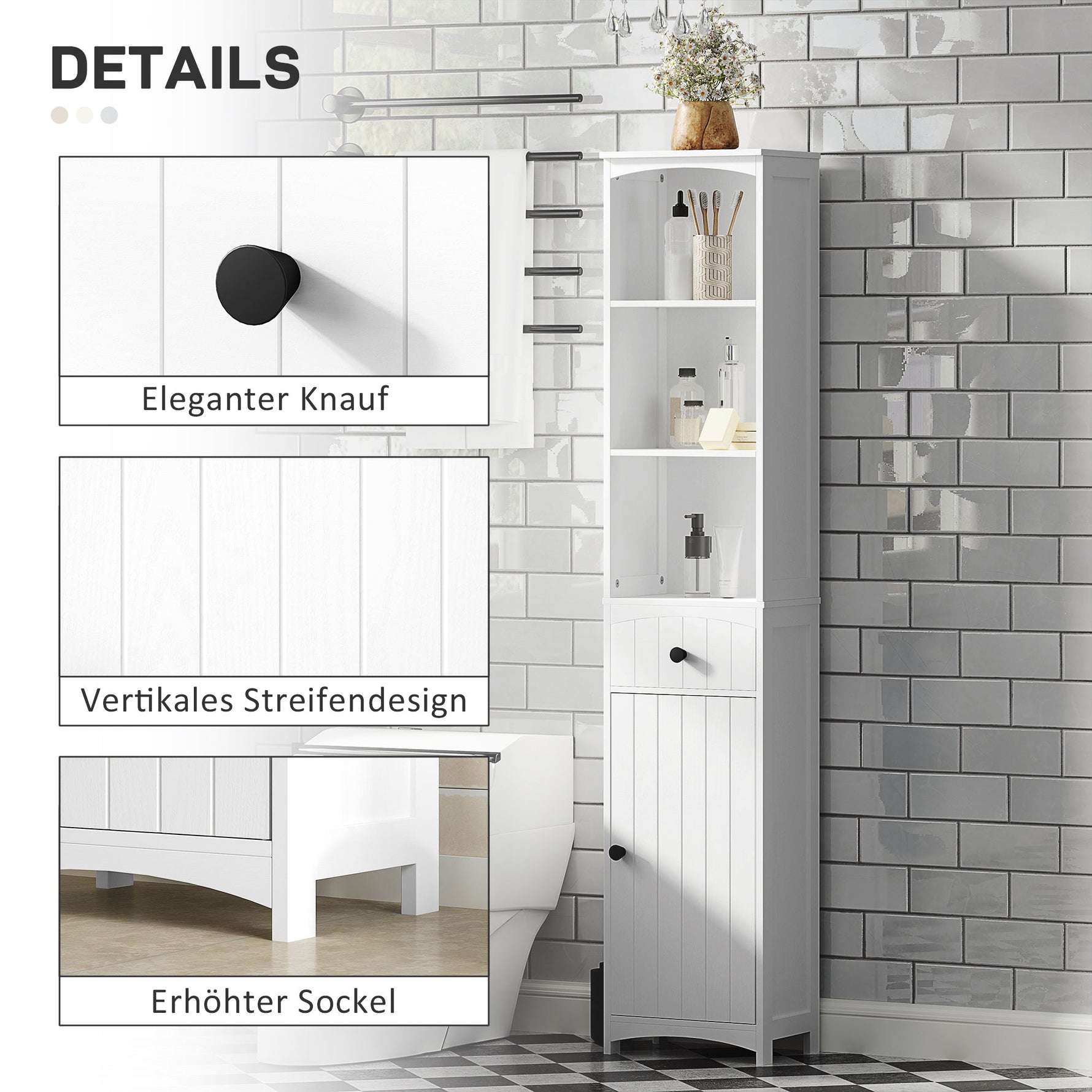 Bathroom Cabinet, Tall with 3 Shelves, 1 Drawer, White