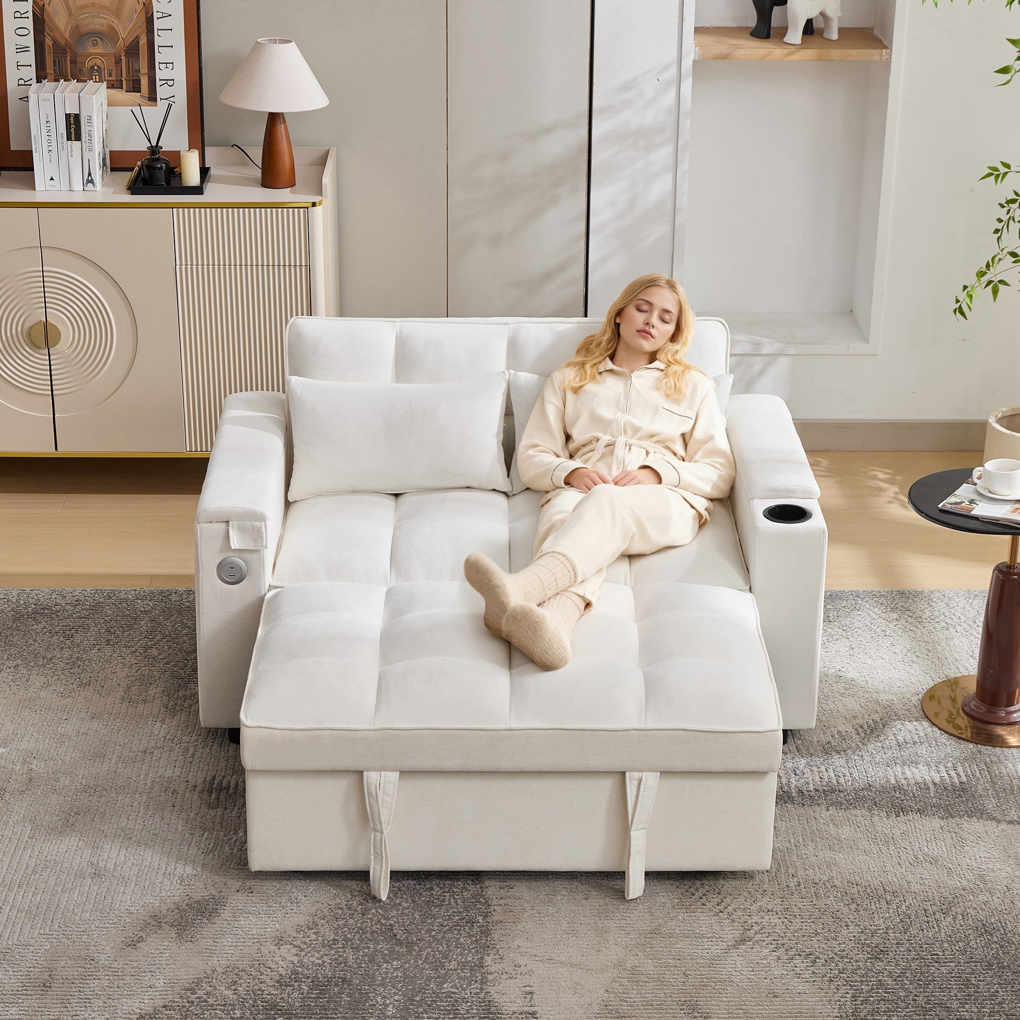 3-in-1 Sleeper Sofa Daybed, Adjustable Backrest USB Port Hidden Cup Holder, Beige