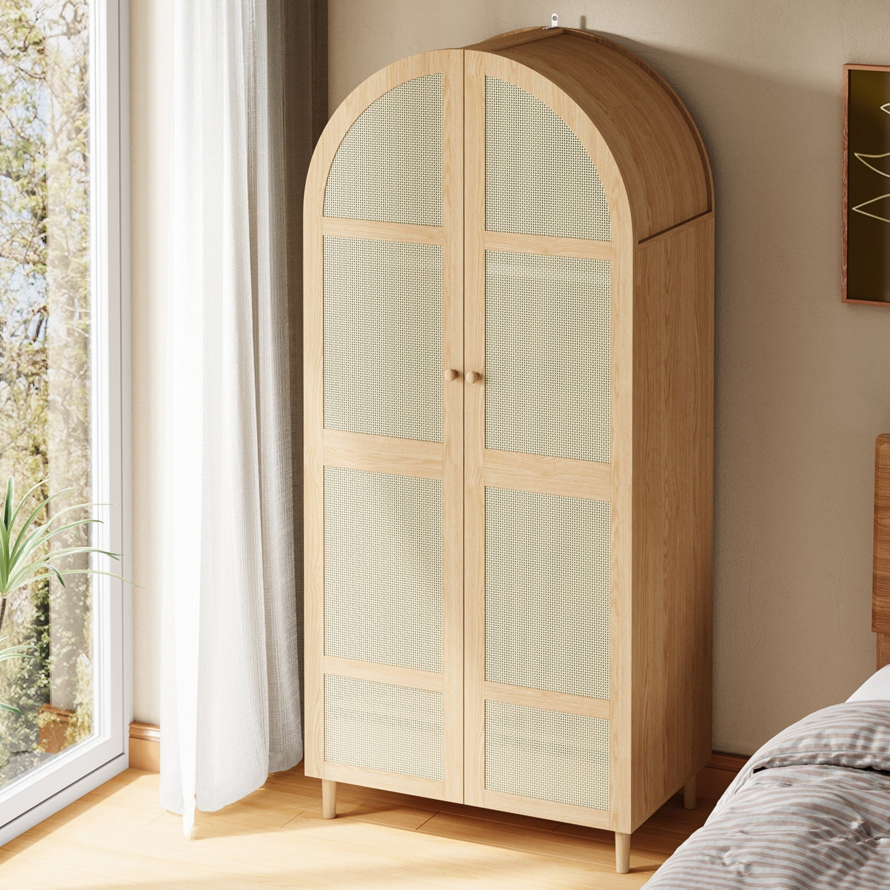 Modern Wardrobe with Curved Doors, Clothes Rail & Drawers, Natural Wood