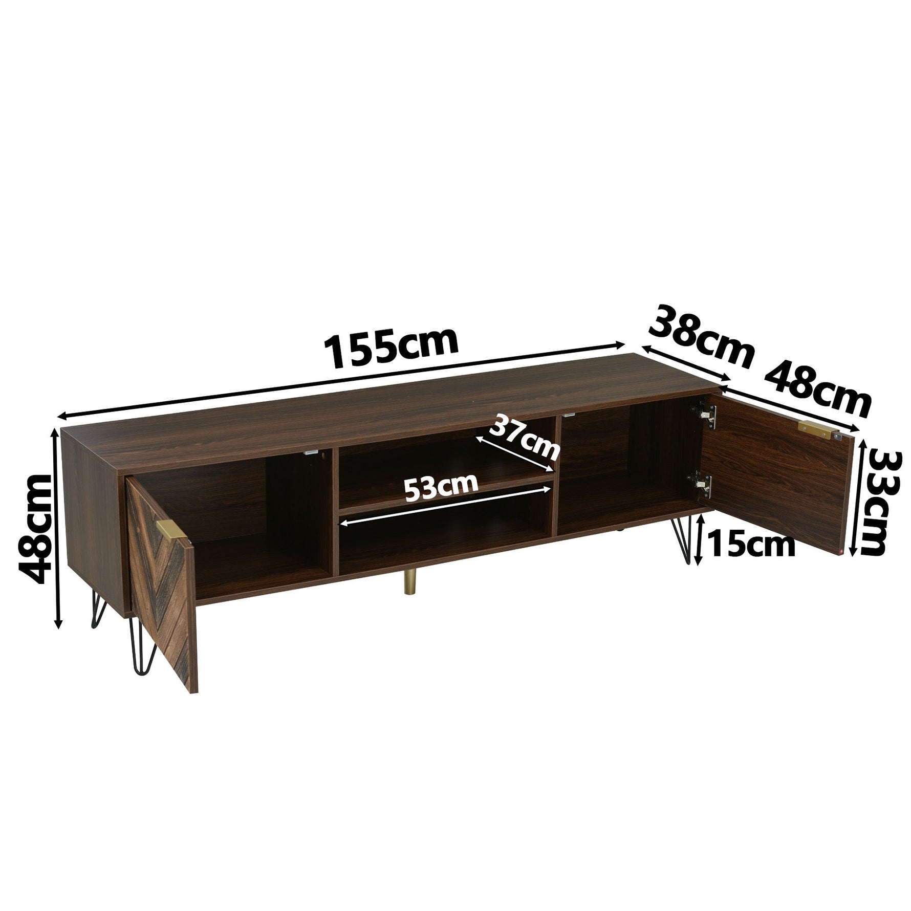 TV cabinet, two doors two compartments low panel, solid wood veneer with gold handles and iron feet