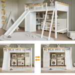 Loft Bed with Slide & Storage, Pine + MDF + Plywood, White + Natural