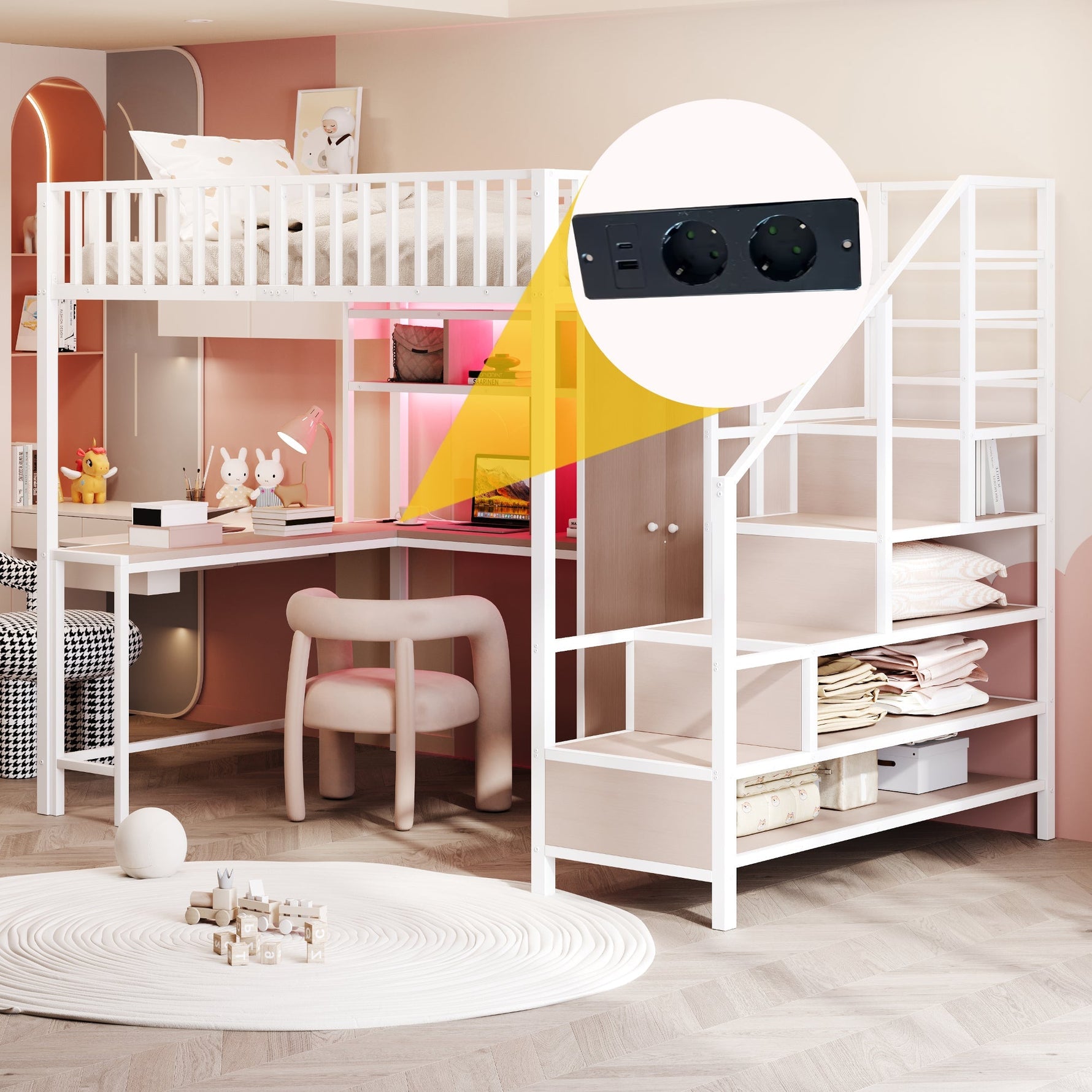 Metal Loft Bed 140 x 200 cm with Desk, Wardrobe, Storage Ladder and LED, White Metal Frame