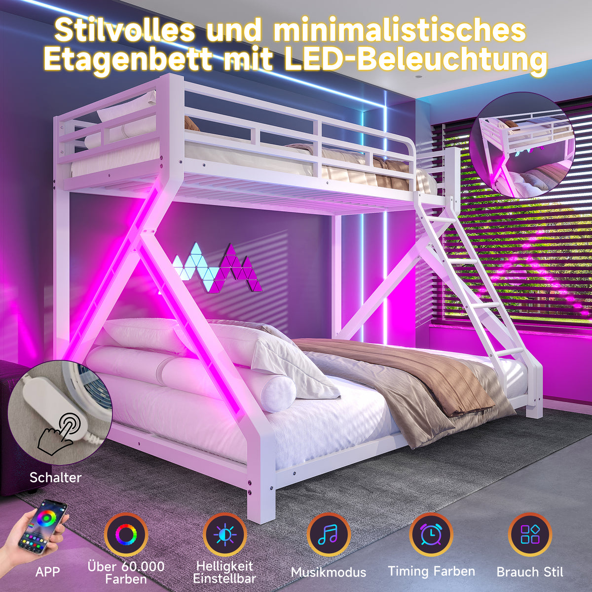 Kids Bunk Bed 90x200 & 140x200cm with LED Light, White Iron Frame