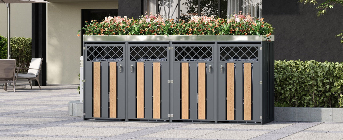 Garbage Can Enclosure with Diamond Ventilation Holes, Lockable Four Doors and Planting Area, Metal
