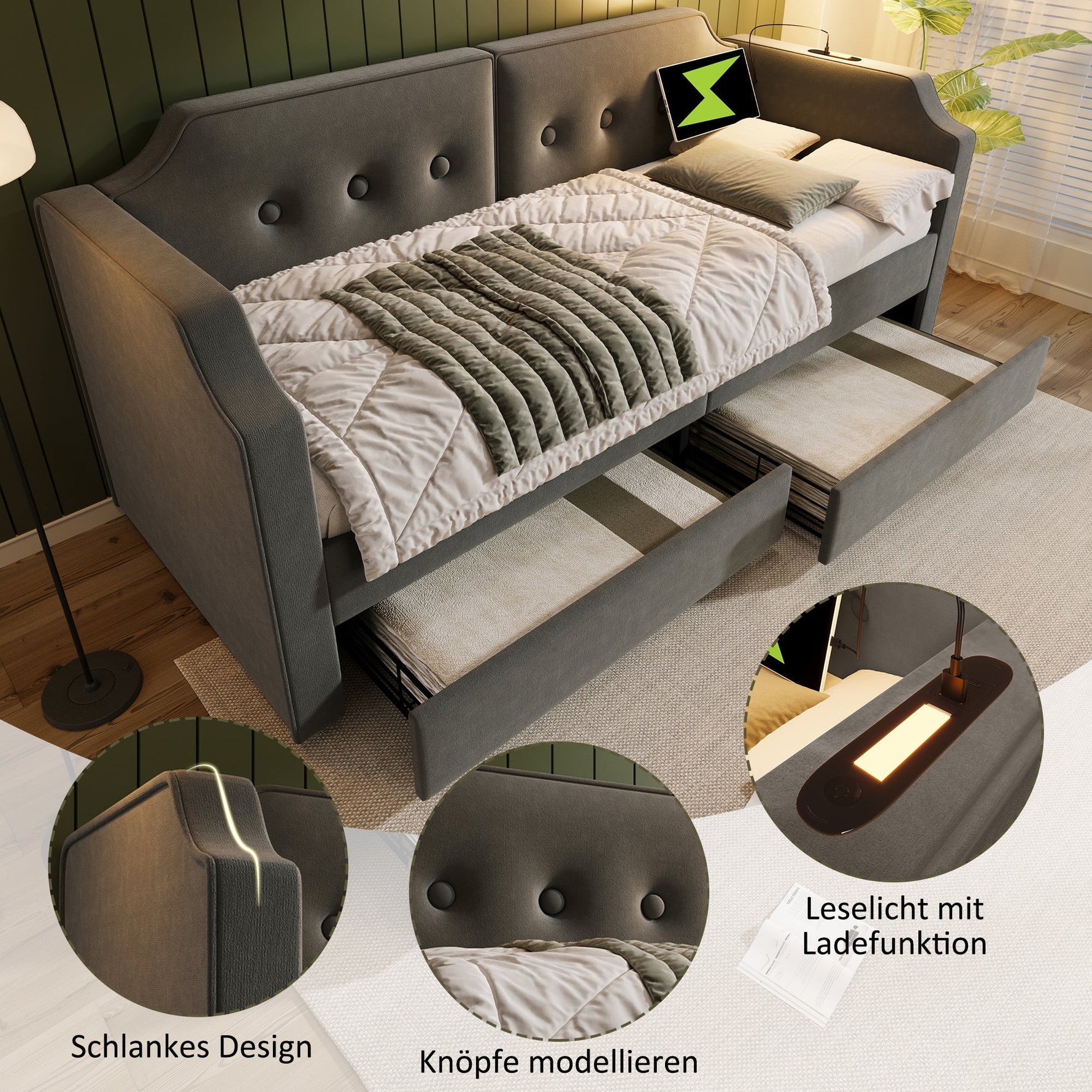 Sofa Bed 90x200 cm, USB-C Reading Light, 2 Storage Drawers, Velvet Gray